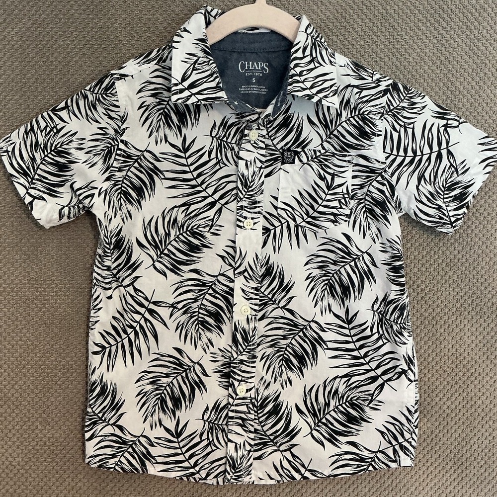 CHAPS Boys Black & White Tropical PalmTree Button Down Short Sleeve Shirt Size 5 - Picture 2 of 4